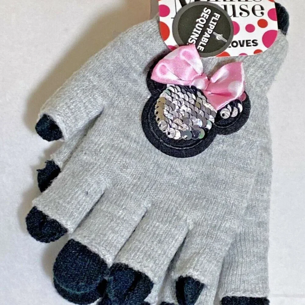 Girls disney minnie mouse gloves flip sequin black grey